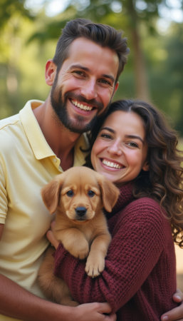 Joyful couple embracing their adorable puppy in a sunlit parkの素材