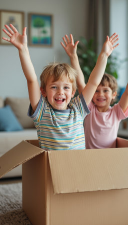 Joyful children celebrating inside a cardboard boxの素材