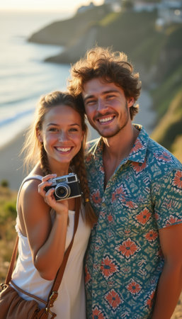 Joyful couple smiling together with a vintage camera at sunsetの素材