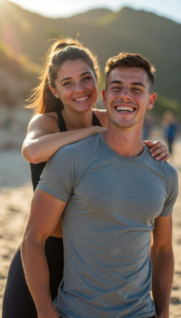 Joyful couple sharing a moment on the beachの素材
