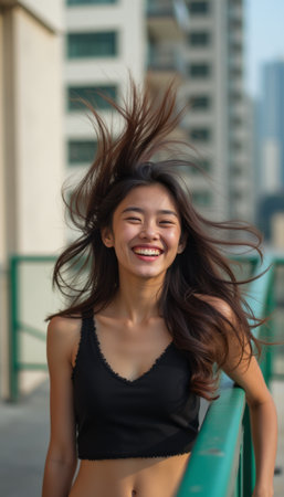 Joyful young woman with flowing hair smiles brightly in an urban settingの素材