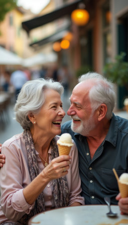 Joyful elderly couple sharing ice cream in a charming outdoor cafÃ©の素材