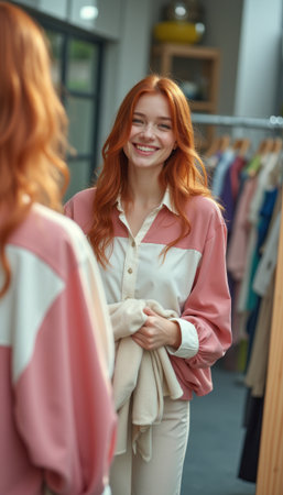 Joyful woman admiring her reflection in a stylish boutiqueの素材