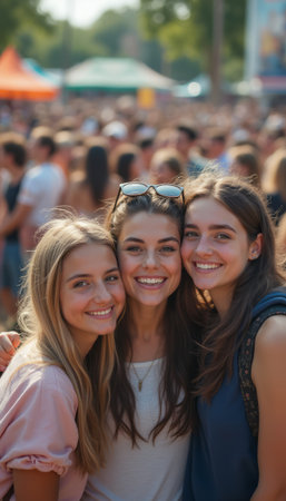 Three joyful young women smiling brightly at a lively outdoor eventの素材