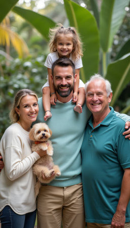 Joyful family portrait with a playful dog in a lush green settingの素材