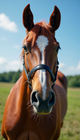 Majestic chestnut horse gazing directly at the cameraの素材
