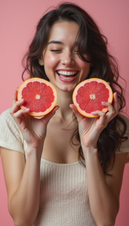 Joyful woman holding grapefruit halves with a radiant smileの素材