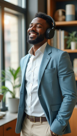 Joyful man enjoying music in a stylish officeの素材