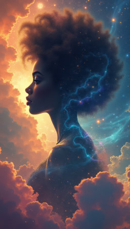 Stunning digital portrait of a woman with an afro, surrounded by cosmic cloudsの素材