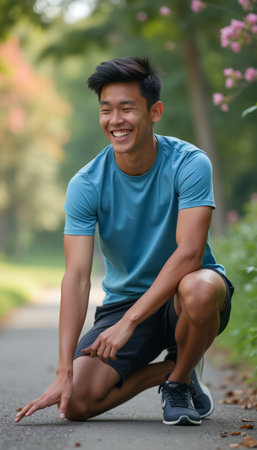 Joyful young man laughing in a serene park settingの素材