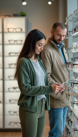 Couple exploring stylish eyeglasses in a modern optical storeの素材