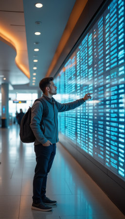 Young man interacting with a digital display in a modern airportの素材