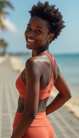 Joyful young woman smiling by the beachの素材