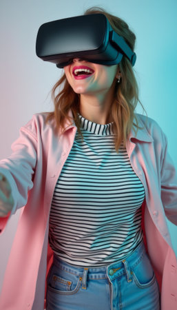 Excited young woman experiencing virtual realityの素材