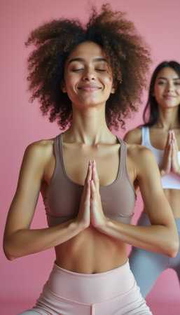 Two women practicing yoga in harmony, radiating peace and positivityの素材