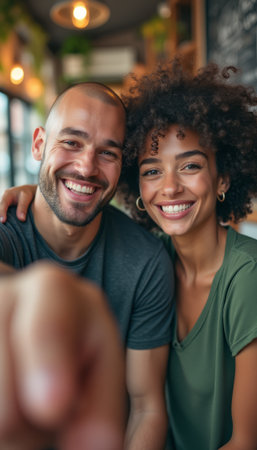 Joyful couple sharing a moment of laughterの素材