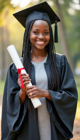 Joyful graduate holding diploma in a lush green parkの素材