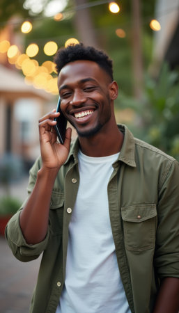 Joyful man talking on the phone in a lively outdoor settingの素材