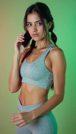 Confident young woman in activewear talking on her phoneの素材