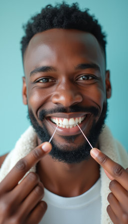 Smiling man showcasing dental hygiene with flossの素材