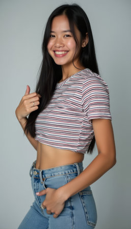 Cheerful young woman smiling in a stylish striped crop topの素材