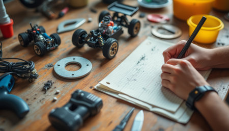 Creative hands sketching designs for remote-controlled carsの素材