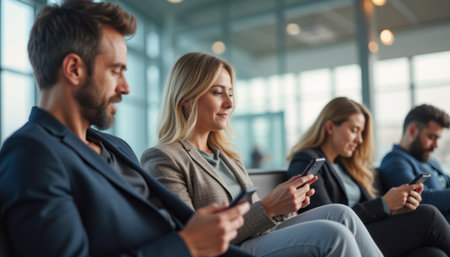 Professionals engaged with smartphones in a modern waiting areaの素材
