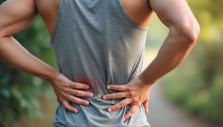 Man experiencing back pain in natureの素材