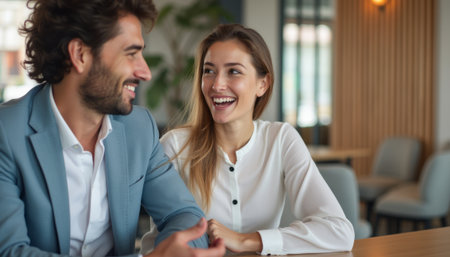 Joyful couple sharing a moment in a cozy cafeの素材