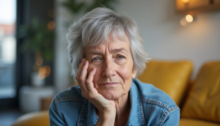 Thoughtful elderly woman resting her chin on her handの素材
