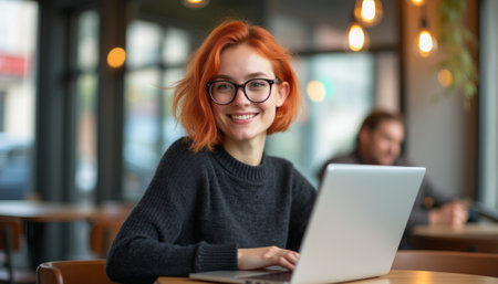 Cheerful young woman with orange hair working on a laptopの素材