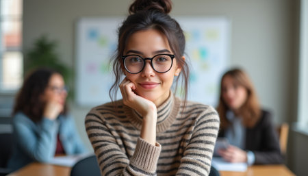 Confident young woman smiling in a modern office settingの素材