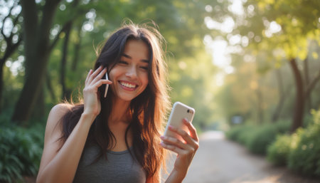 Cheerful woman enjoying a phone call in a sunlit parkの素材