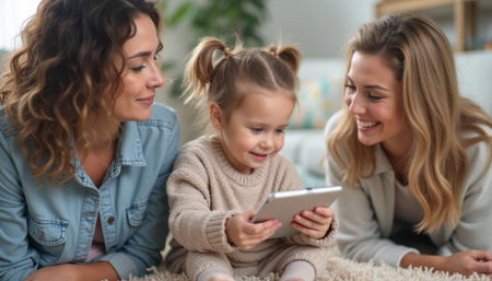 Two women and a girl enjoying a tablet togetherの素材