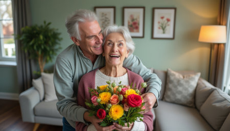 Elderly couple sharing a joyful moment with a bouquet of flowersの素材