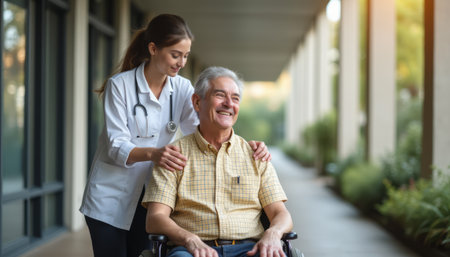 Compassionate caregiver assisting elderly man in wheelchairの素材