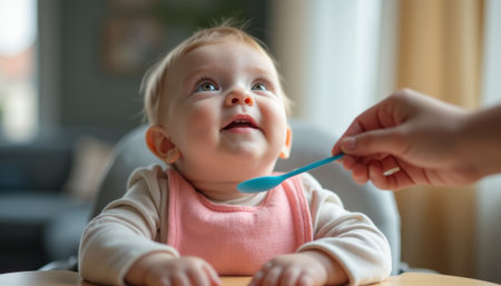 Joyful baby eagerly reaching for a spoonの素材