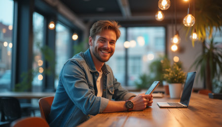 Smiling young man in a cozy workspaceの素材