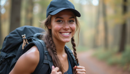 Smiling woman with backpack in a serene forestの素材