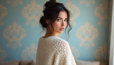 Elegant woman in cozy sweater gazing over her shoulderの素材