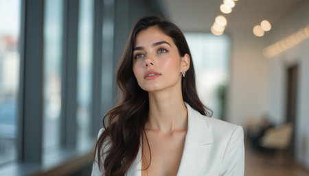 Elegant woman in a chic white blazer gazing thoughtfullyの素材