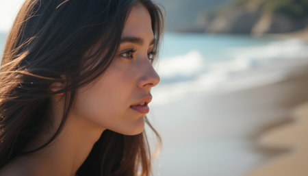 Thoughtful young woman gazing at the oceanの素材