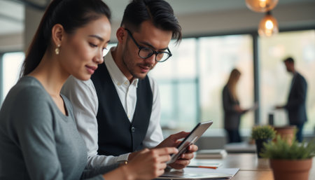Focused professionals collaborating in a modern officeの素材