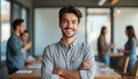 Confident young man smiling in a modern office settingの素材