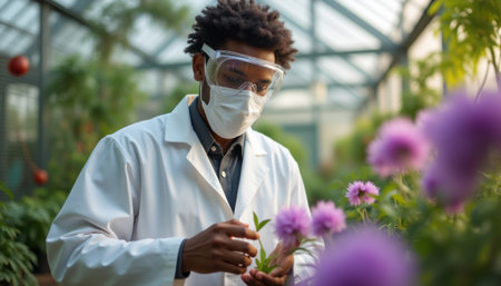 Scientist examining vibrant flowers in a greenhouseの素材