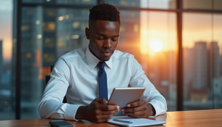 Focused businessman using a tablet at sunsetの素材