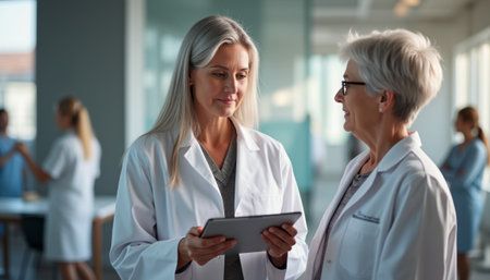 Two female doctors discussing patient careの素材