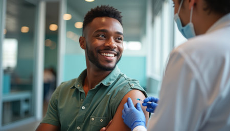 Smiling man receiving a vaccinationの素材