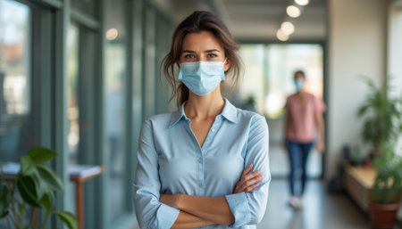 Confident woman wearing a mask in a modern office settingの素材