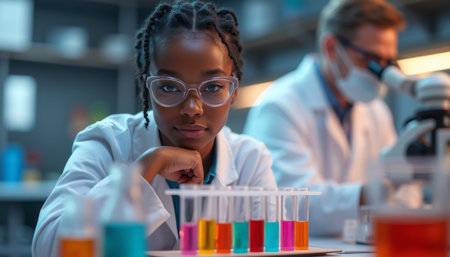 Focused young scientist analyzing colorful liquids in a labの素材